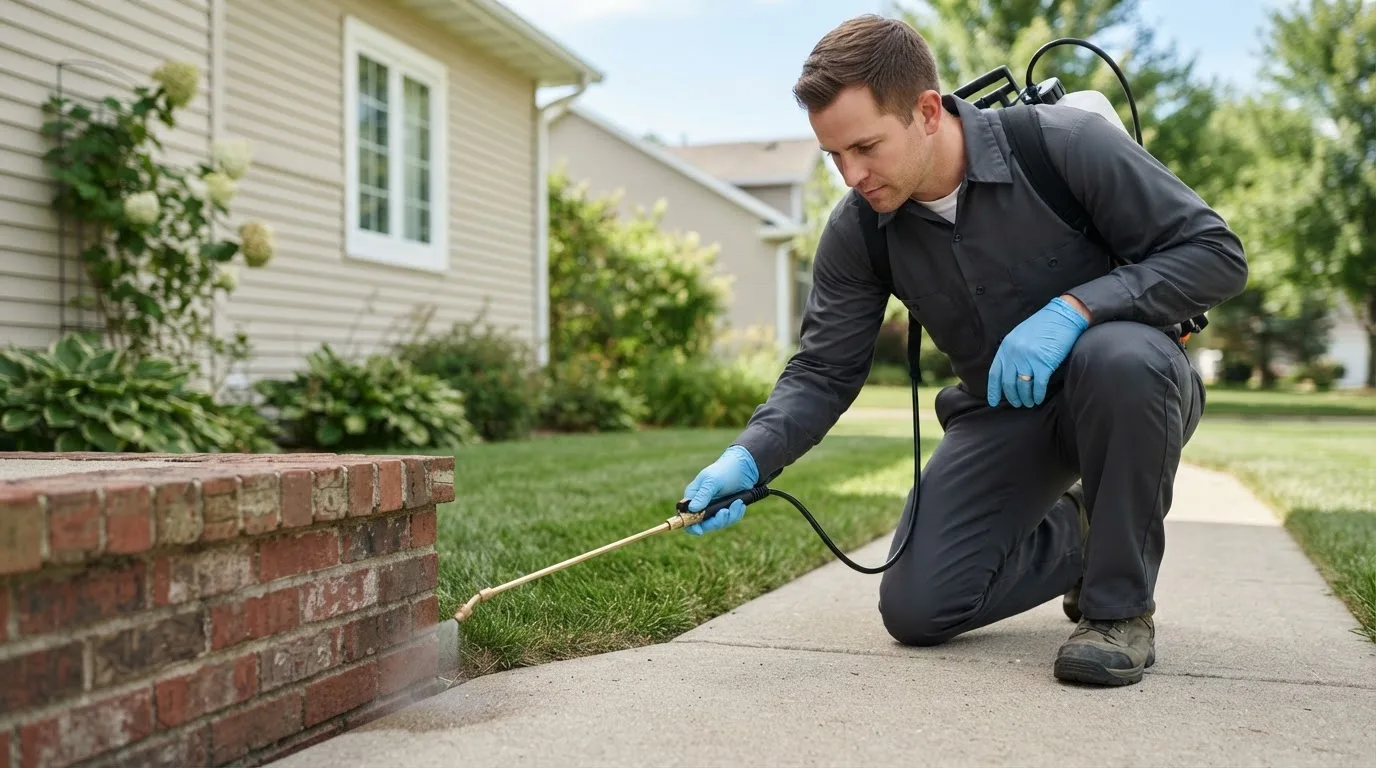 Pest control technician treating a home near Nicholville, NY