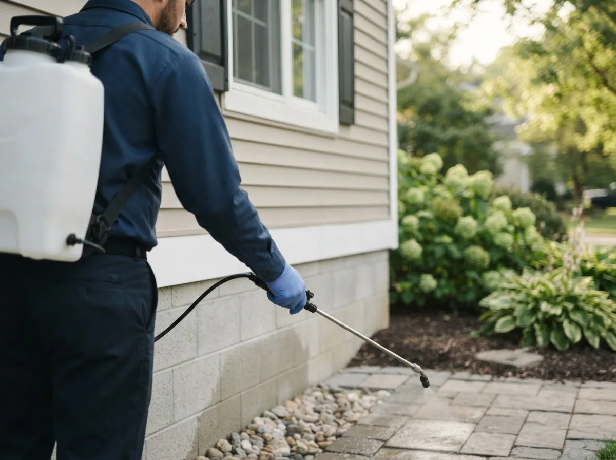 Pest control technician inspecting a home in Nicholville, NY